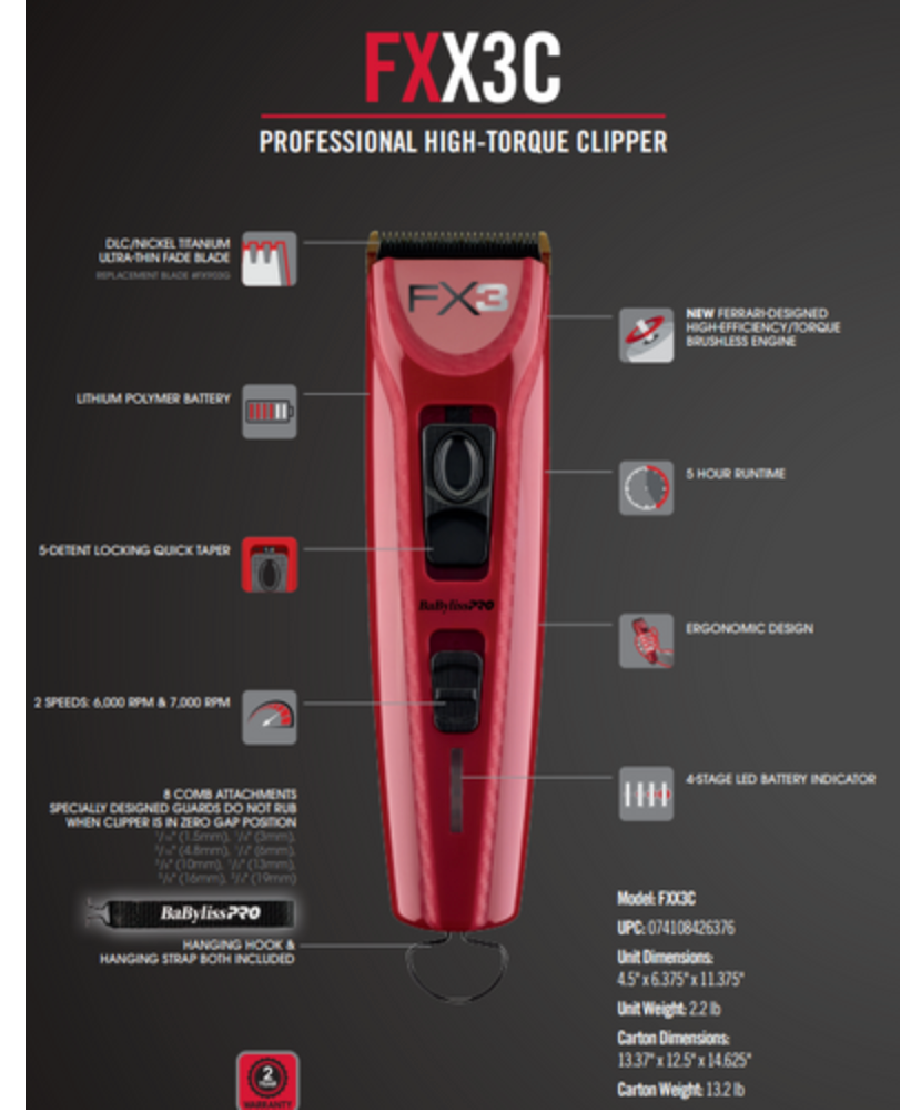 BaBylissPro FXX3C Tondeuse à couple élevé - Rouge FXX3C